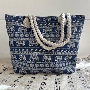 Elephant Print Canvas Tote Bag in Navy and White